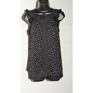 Elle Sleeveless Black Tank Top with Flower Polka Dots Lace Trim Detail Xsmall